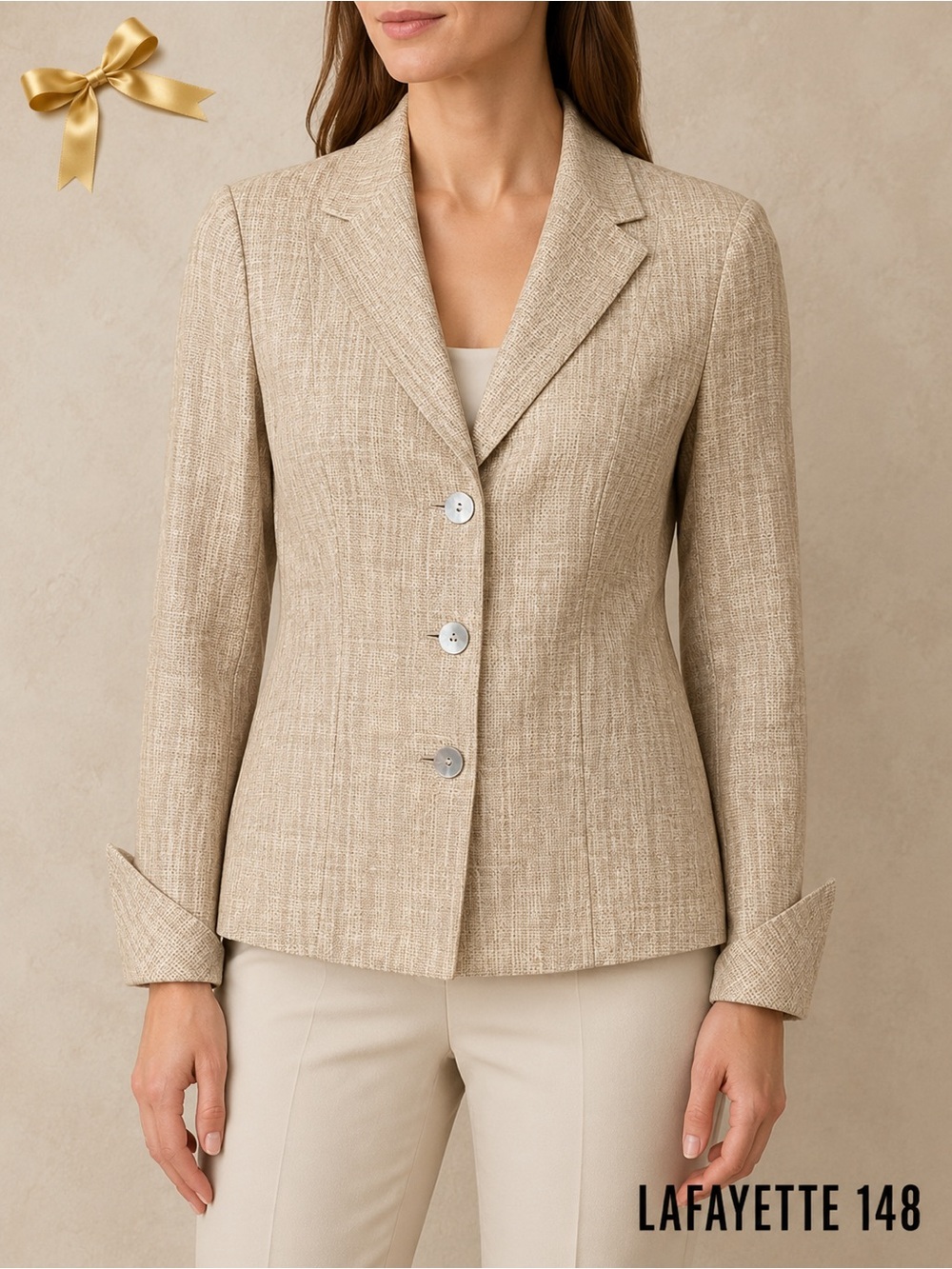 Lafayette 148 New York Linen Silk Beige Textured Blazer Jacket Small - Picture 1 of 8
